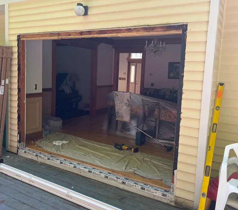 Door flashing installed to stop water